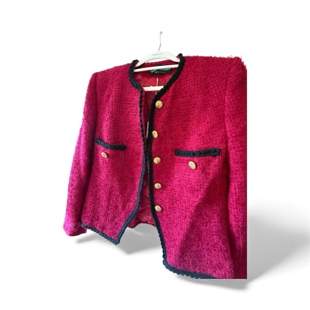 VINTAGE Chic Raseberry Red/Pink Jacket with Black Trim and Gold Buttons - Picture 2 of 8